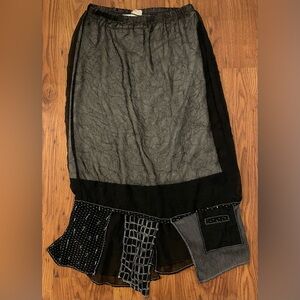 Vintage Shabby Chic Long Black and Gray Patchwork Elastic Waist Skirt